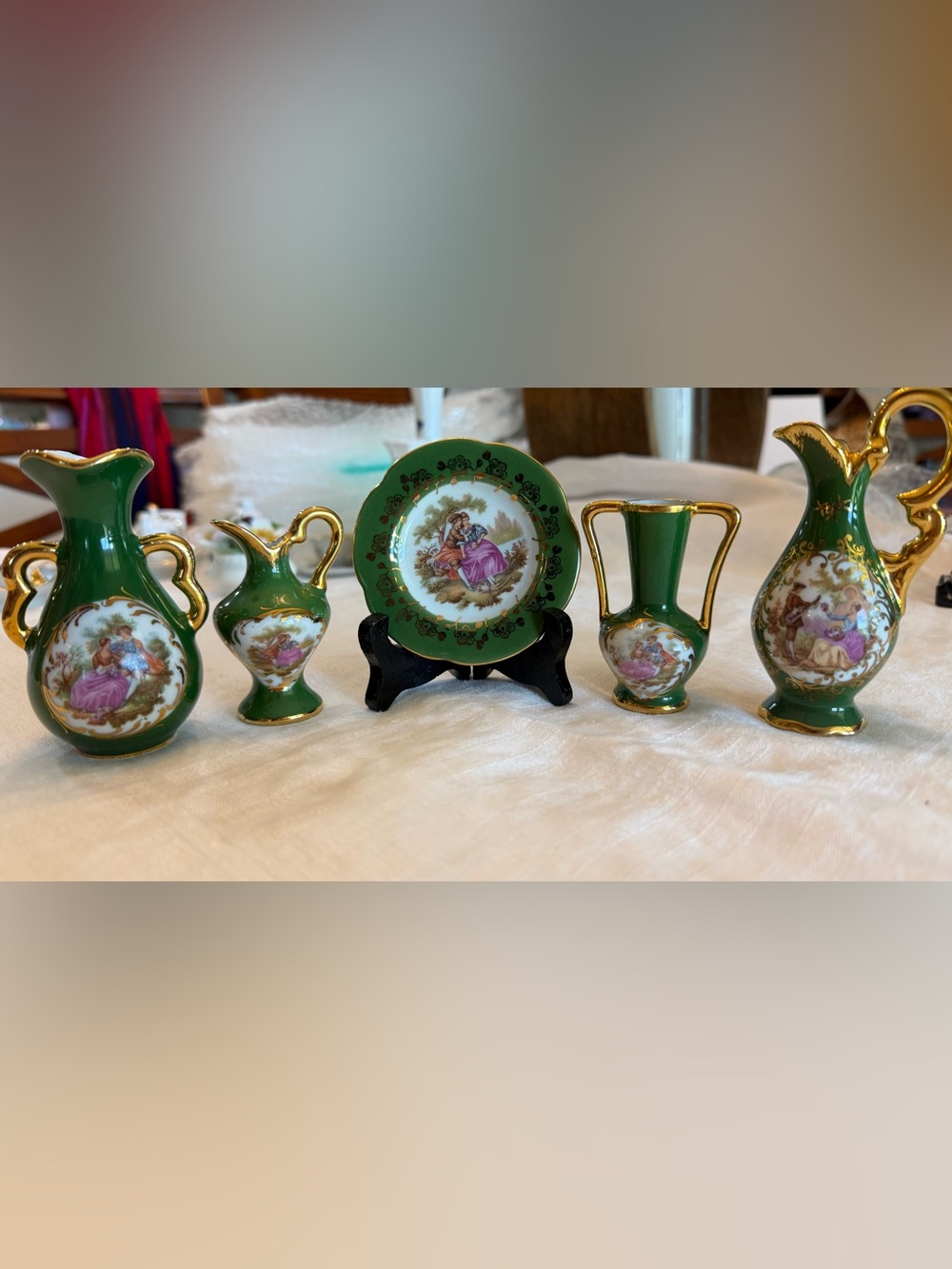 Limoges Green and Gold Miniature Porcelain Fragonard Vase and Plate Set